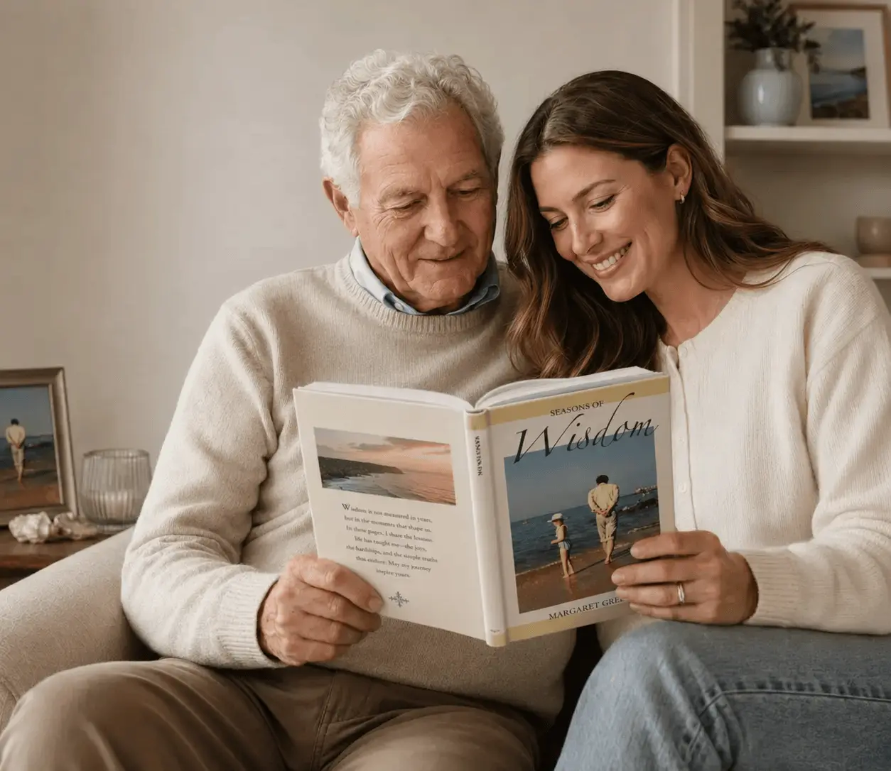 A parent and adult child reading a keepsake book together